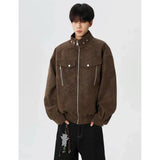 Solid Color Stand Collar Zipper Jacket