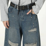Stylish Patchwork Metal Studs Distressed Jeans