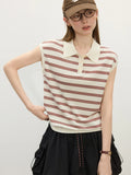 Women Casual Striped Knit Sleeveless Button Collar T-Shirt
