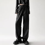 Retro Black Wide Leg Leather Pants
