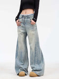 Blue Splicing Straight Leg Oversized Jeans