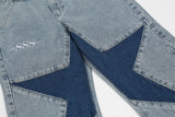 Blue Star Letter Embroidery Straight Denim Pants