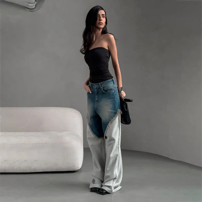 Distressed Patchwork Wide Leg Denim Pants
