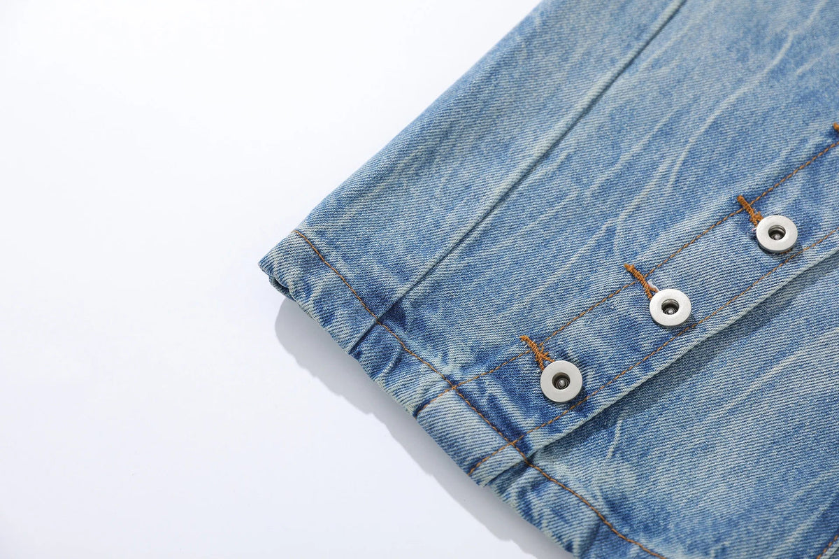 Vintage Washed Diagonal Placket Button Jeans