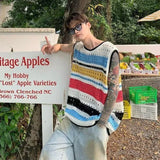 Model wearing the blue Patterned Crochet Open Vest 