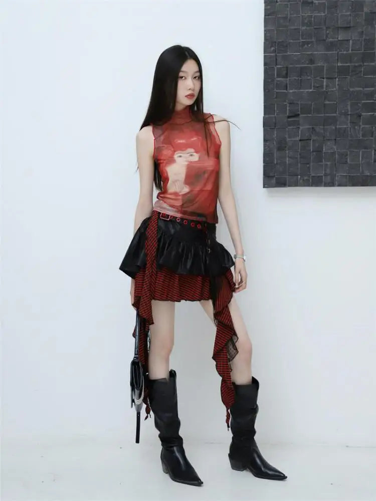 Bold Red Mesh Graphic Tank T-Shirt
