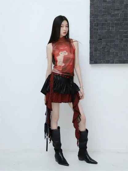Bold Red Mesh Graphic Tank T-Shirt