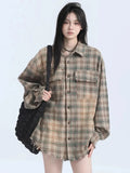 Women Streetwear Vintage Plaid Tassel Long Sleeve Shirt