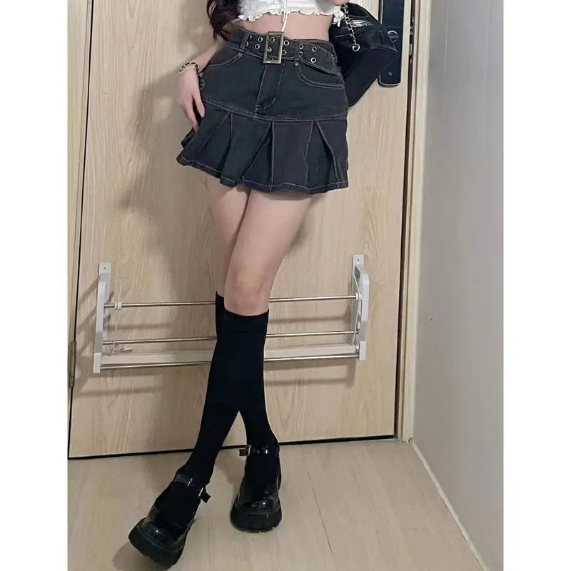 Y2K Denim High Waist Belted Skirt