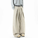 Striped Solid Color Woolen Pleated Wide Leg Pants