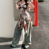 Women Chic Retro Floral Print Wide Leg Jeans