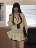 Yellow Striped Patchwork Pleated Dress Shirt