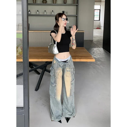 Women Cute Trendy High Waist Wide Leg Blue Jeans