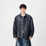 Trendy Faux Leather Lapel Button Jacket