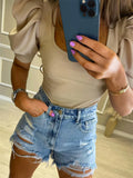 Women Ribbed Buffed Shoulder Top