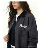 DAXUEN Washed grey long-sleeved button-up shirt with bowling graphics