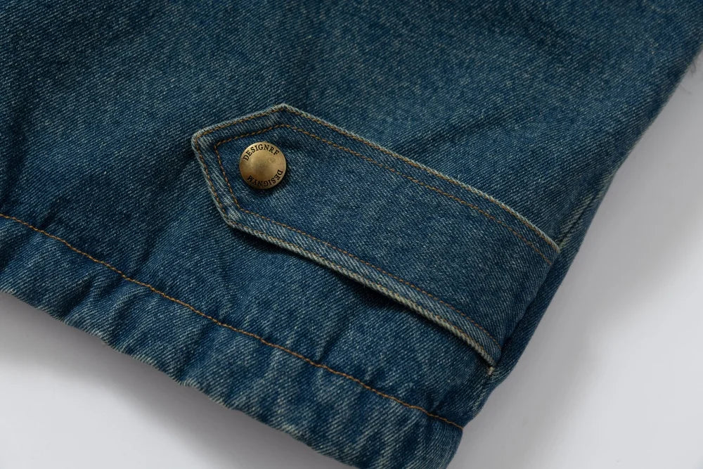 Y2K Washed Distressed Denim Padded Fur Jacket