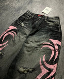 Pink Flame Emblem Doodle Print Jeans