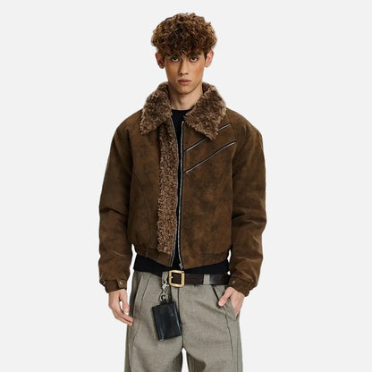 Retro High Street Spliced Fur Collar Zipper Jacket