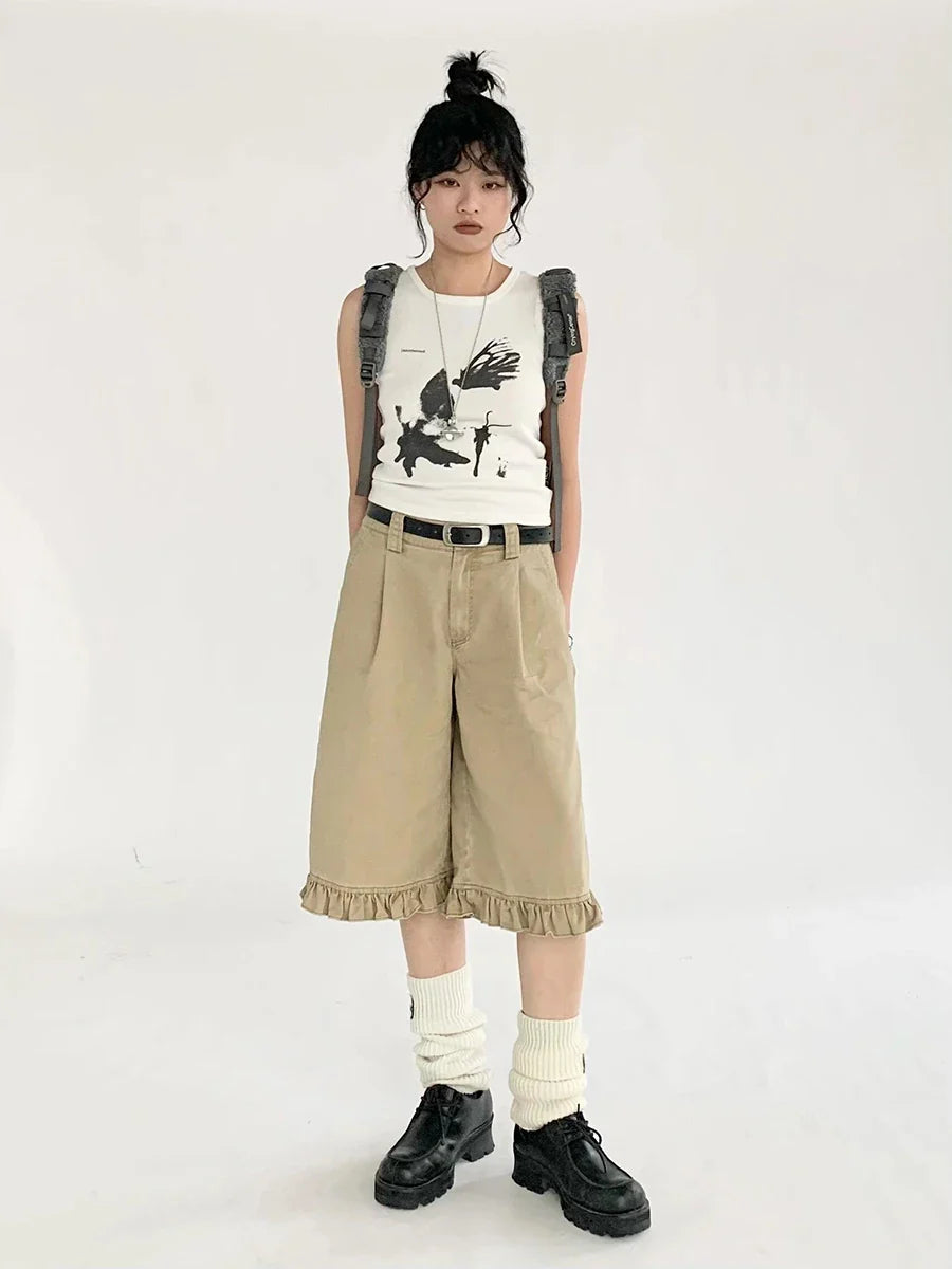 Chic Khaki Ruffled High Waist Jorts