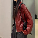 Women Red Retro Lapel Leather Jacket
