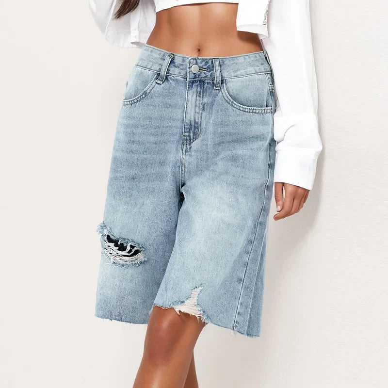 Women High Waist Raw Hem Denim Short