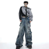 Patchwork Irregular Ribbon Wide Leg Baggy Jeans