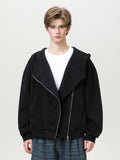 Textured Slant Zipper Hooded Sweatshirt