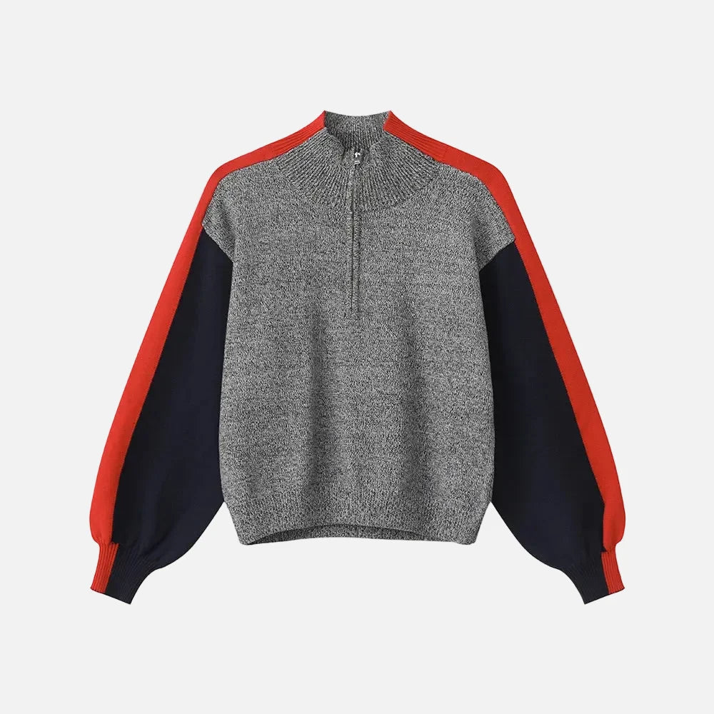 Chic Contrasting Stand Collar Knitted Half Zip Sweater