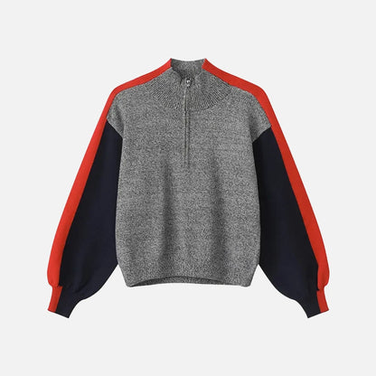 Chic Contrasting Stand Collar Knitted Half Zip Sweater