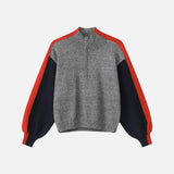 Chic Contrasting Stand Collar Knitted Half Zip Sweater