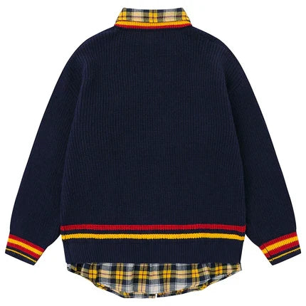 Oversized Varsity Patchwork Double Layers Knit Sweater