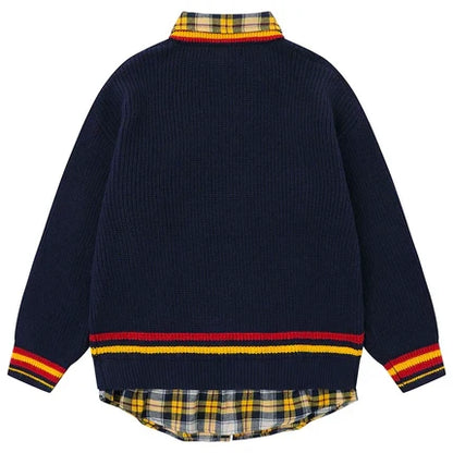 Oversized Varsity Patchwork Double Layers Knit Sweater