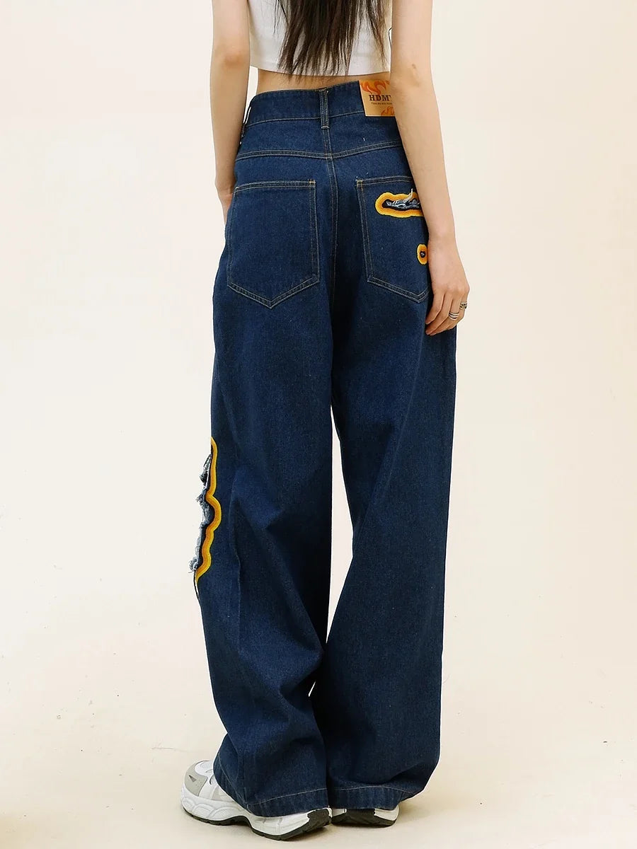 Womens Retro Flame Loose Ripped Jeans
