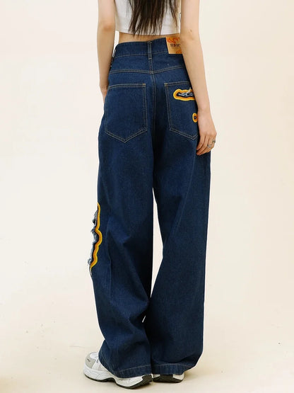 Womens Retro Flame Loose Ripped Jeans