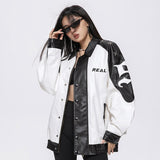 Oversized Color Block Leather Varsity Jacket