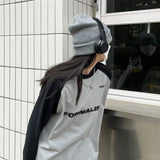Cool Retro Letter Print Patchwork Long Sleeve T-Shirt