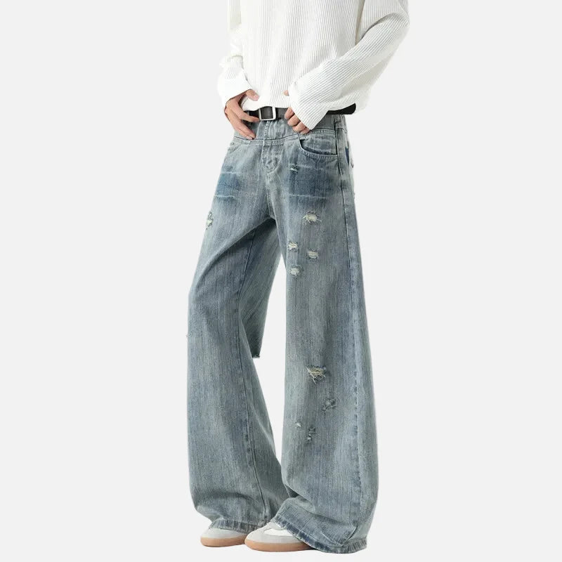 Bamboo Striped Distressed Wide Leg Jeans