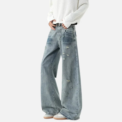 Bamboo Striped Distressed Wide Leg Jeans