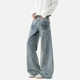 Bamboo Striped Distressed Wide Leg Jeans