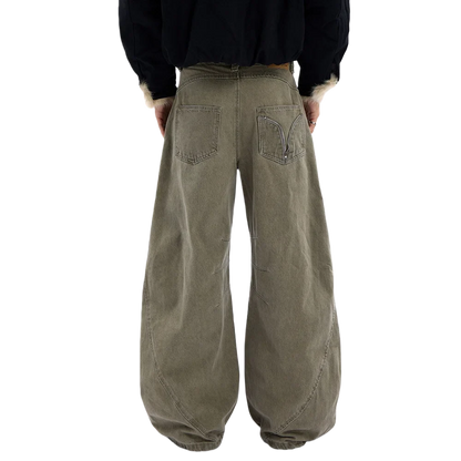 Vintage Pleated Spliced Distressed Wide Leg Jeans