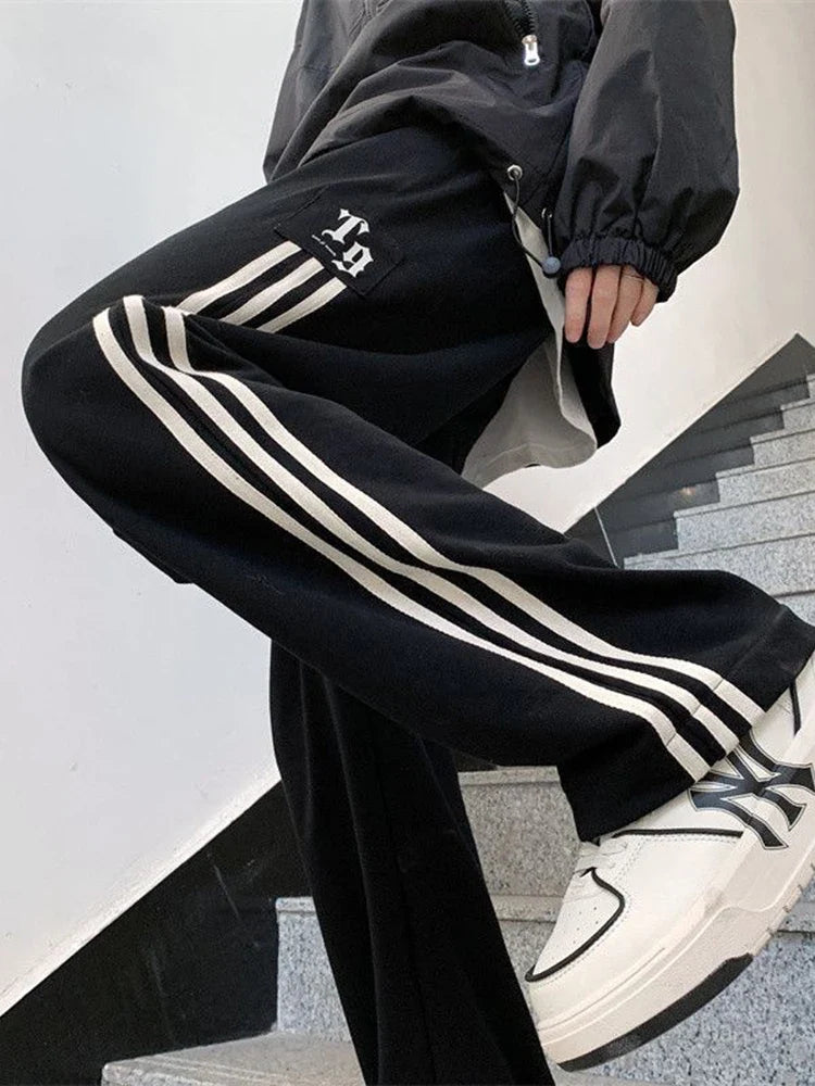Casual High Waist Striped Black Sweatpants
