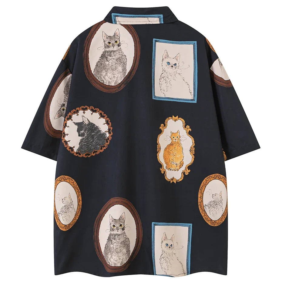Oversized Loose Cat Graphic Button-Up Shirt