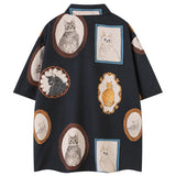 Oversized Loose Cat Graphic Button-Up Shirt