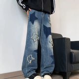Embroidered Star Patchwork Wide Leg Jeans