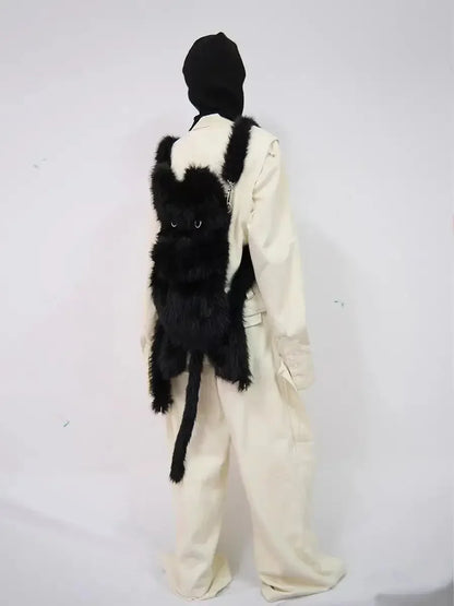 Fluffy Black Cat Backpack Bag