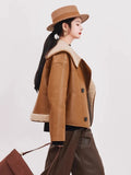 Women Warm Shearling Double Breasted Aviator Leather Jacket