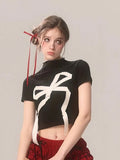 Women Retro Vintage Gothic Bow Print Crop T-Shirt