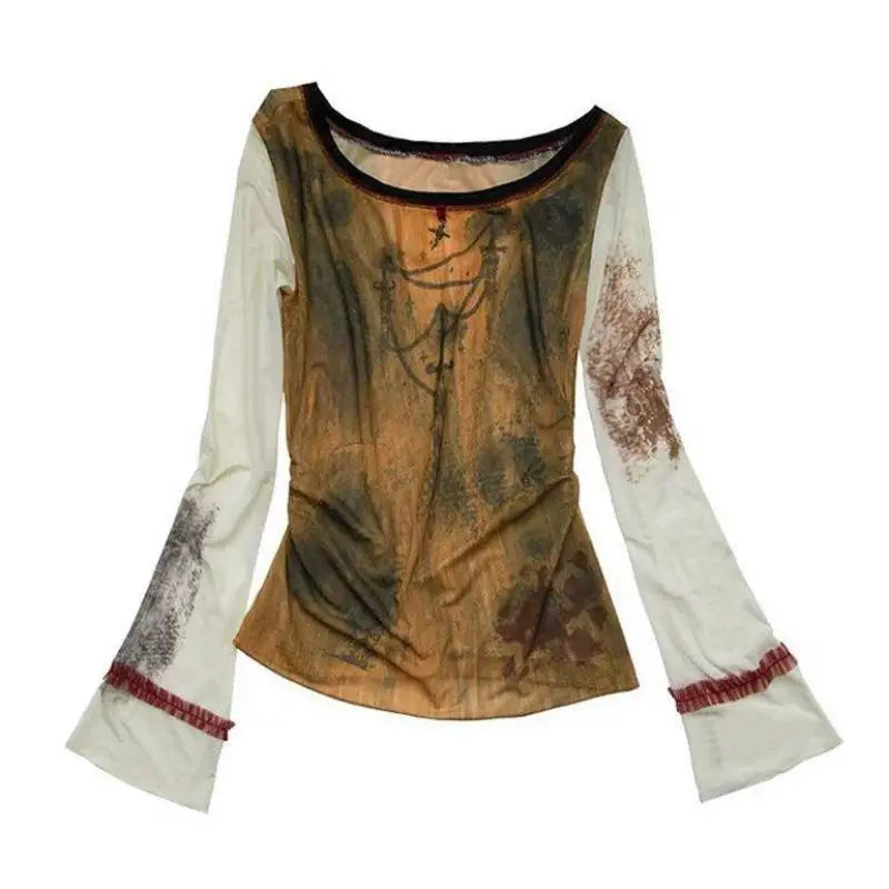 Gothic Patchwork Mesh Long Sleeve T-Shirt