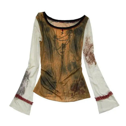Gothic Patchwork Mesh Long Sleeve T-Shirt
